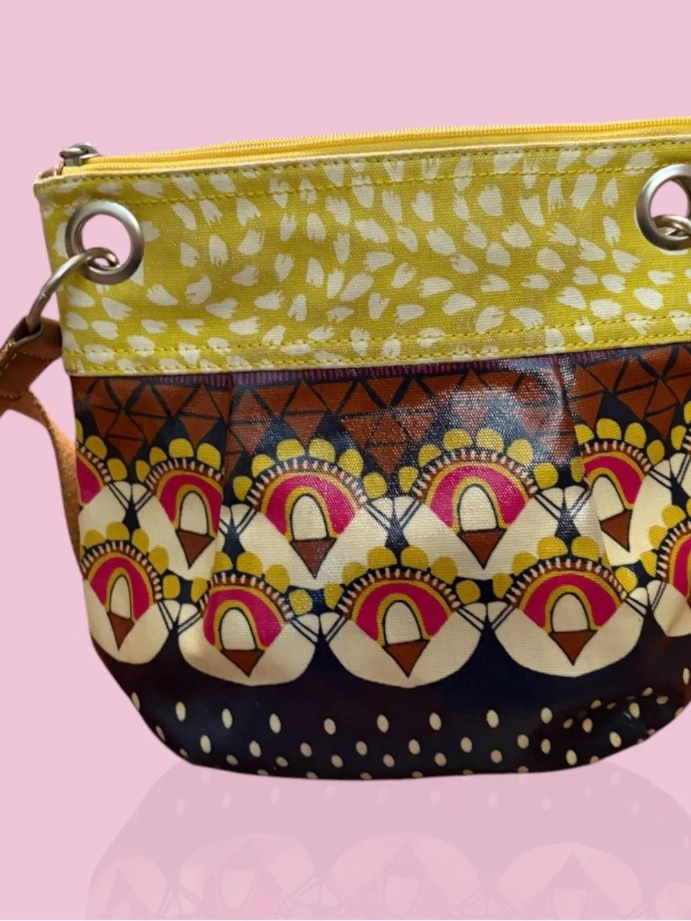 Fossil Yellow Patterned Canvas Hobo with Tan Strap